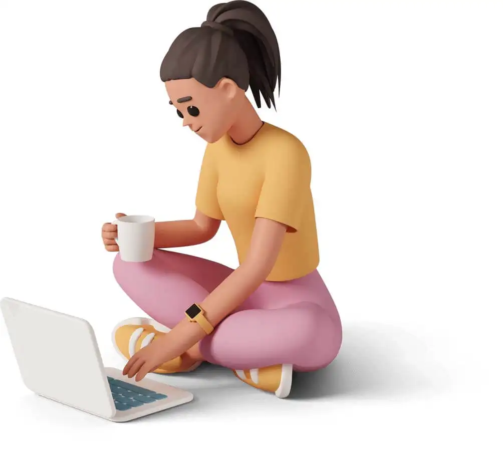 Girl working on pc with coffee in hand